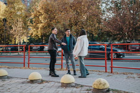 Group of friends chatting outside near urban park railings