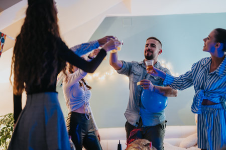 Family gathering together at a home celebration with decorations and cheerful atmosphereの写真素材