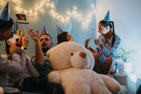 Family celebrating a birthday at home with hats, props, and decorationsの写真素材