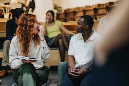 Casual discussion between coworkers during a group meeting in a modern workspace settingの写真素材