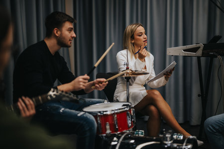 In a music studio setting, a group of musicians rehearses with a guidance instructor. The atmosphere is focused on collaboration and creativity.の写真素材