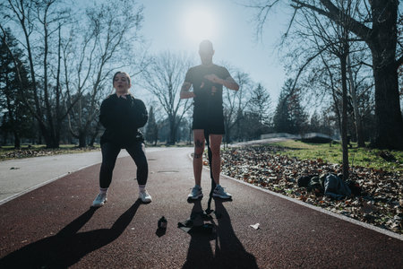 Teenagers exercising outdoors in a park on a bright sunny dayの写真素材