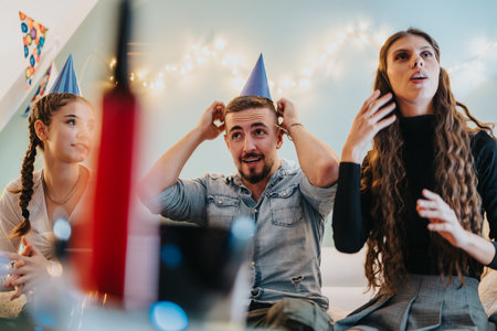 Family celebrating a birthday party at home, enjoying together with decorative hats.の写真素材