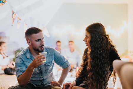 Friends enjoy casual conversation at an indoor social gatheringの写真素材