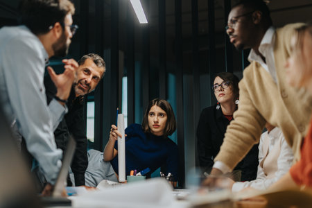 A diverse group of business people collaborate on a project, showcasing teamwork and innovative thinking in a modern office setting.の写真素材