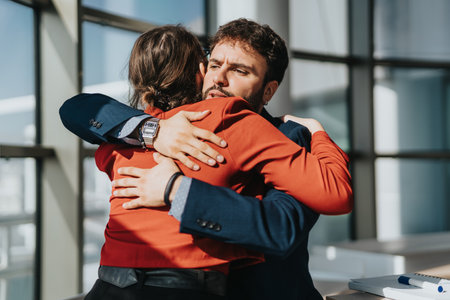 Business colleagues embracing in sunny office environmentの写真素材