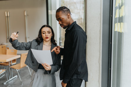 Multiracial colleagues in discussion over a document in a modern office settingの写真素材