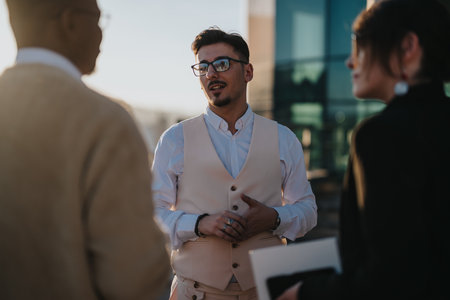 Diverse business colleagues brainstorming on a balcony at sunsetの写真素材