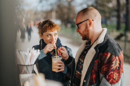 Couple sharing a drink outdoors in a cheerful setting
