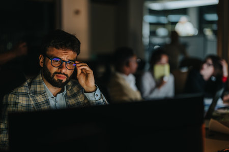 Businessman working late with coworkers in modern office settingの写真素材