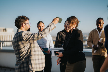 Multiracial business team celebrating success on a rooftop at sunsetの写真素材