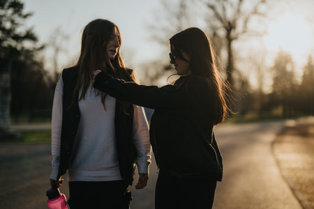 Two female friends enjoying outdoors during golden hour in casual outfits