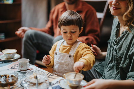 Young child enjoying tea time with family at a cozy home gatheringの写真素材