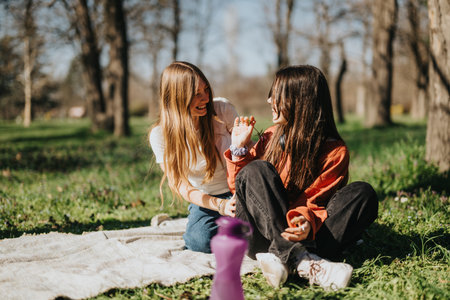 Two friends enjoying a sunny day together in a tranquil parkの写真素材