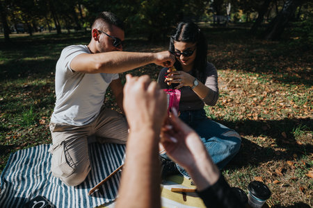 Friends enjoying a sunny picnic day in the park, preparing a refreshing drink together amid laughter and relaxationの写真素材