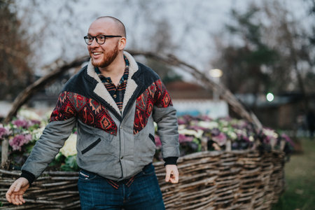 Smiling man enjoying outdoors near a woven basket flower arrangement