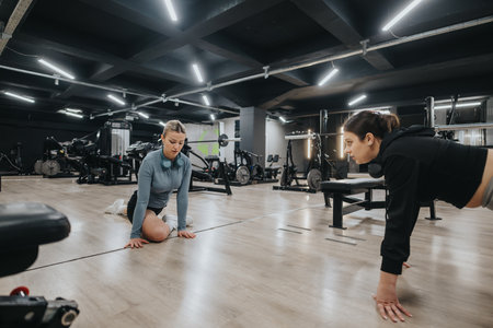 Two women practicing floor-based exercises inside a gym environmentの写真素材