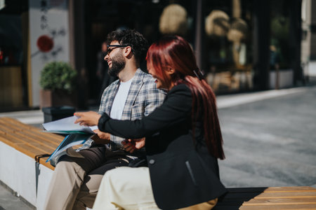 Outdoor meeting with colleagues laughing while discussing documents on a sunny dayの写真素材