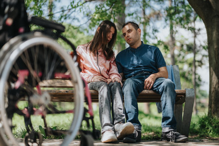 Couple spending a peaceful moment outdoors on a park bench with a wheelchair nearby.の写真素材