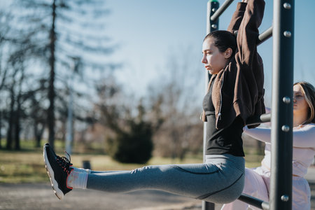 Young woman practicing gymnastic exercises on a park bar with assistance on a sunny day