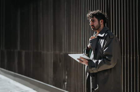 Confident professional standing outdoors in a reflective mood holding a tablet