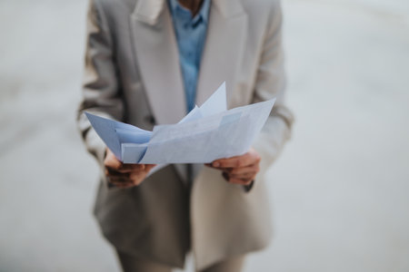 Person in business attire analyzing papers in an outdoor settingの写真素材