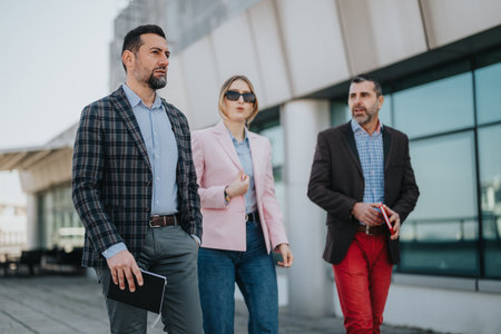 Group of business people walking outdoors in a modern urban setting