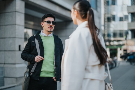 Young people having a friendly discussion outdoors in an urban environmentの写真素材