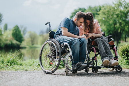 Couple in wheelchairs enjoying a moment of connection outdoors near a peaceful lake surrounded by greenery, depicting love, and inclusivity.の写真素材