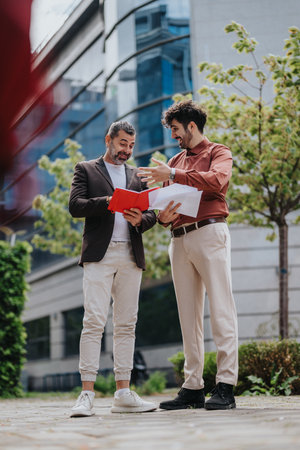 Two colleagues discussing documents outdoors near a modern office building