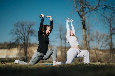 Two women practicing yoga poses in a park during a sunny dayの写真素材