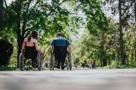 A couple in wheelchairs enjoying a peaceful walk together in a green park under sunny skiesの写真素材