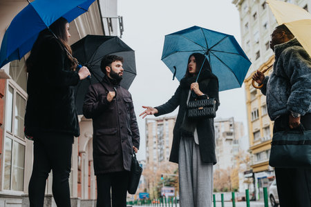 Diverse group discussing ideas outdoors on a rainy day with umbrellasの写真素材