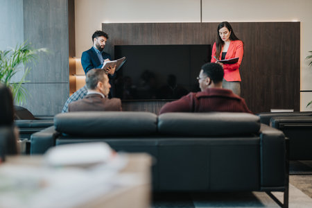 Business professionals conducting a meeting in a modern office setting with coworkers seated on a...