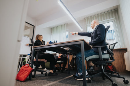 Professional business team collaborating on projects in a bright modern office