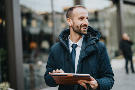 Smiling businessman standing outside a modern office building holding a tablet