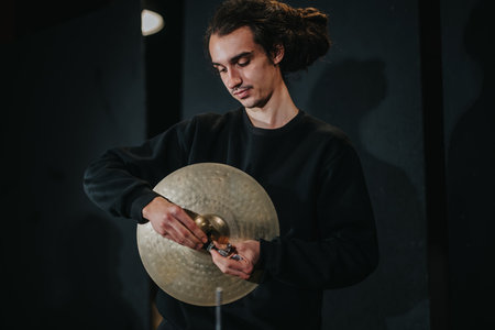 Man Adjusting a Cymbal on a Stand in a Dimly Lit Studioの写真素材