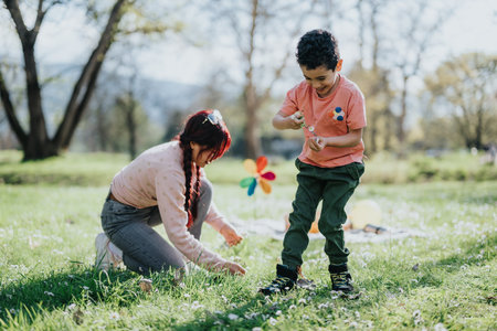 Mother and son enjoying a sunny spring day outdoors together