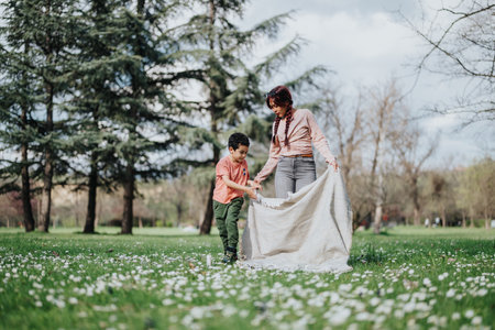 Asian mother and son enjoying an outdoor activity in a natural park
