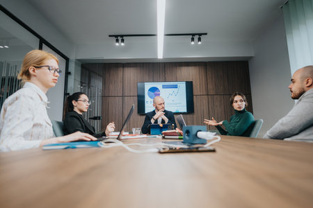 Group of focused professionals discussing strategies during a business meeting in a modern office