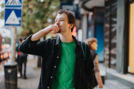Young man with a thoughtful expression in an urban city environmentの写真素材