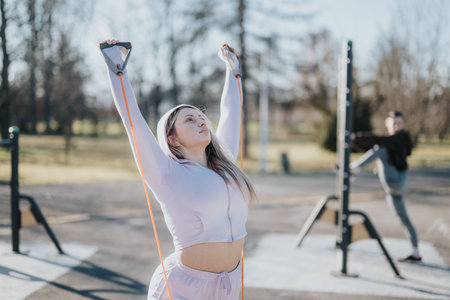 Woman Exercising Outdoors with Resistance Bands in a Park Setting