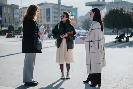 Group of fashionable women having a discussion in an urban outdoor settingの写真素材