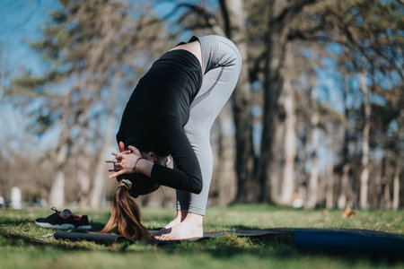 Person practicing yoga in a sunny park, performing a forward bend