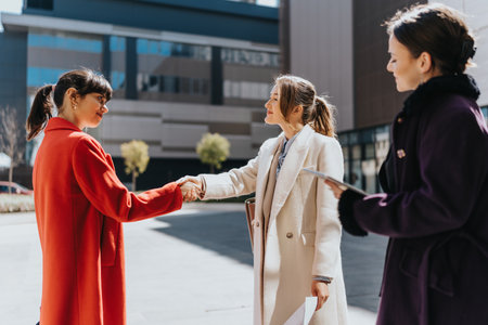 Professional Businesswomen Shaking Hands in an Outdoor Modern Plaza