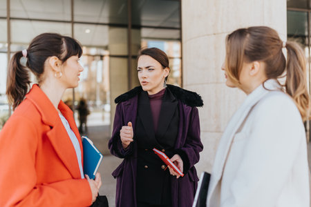 Three women collaborate and discuss ideas outdoors in a professional setting.の写真素材