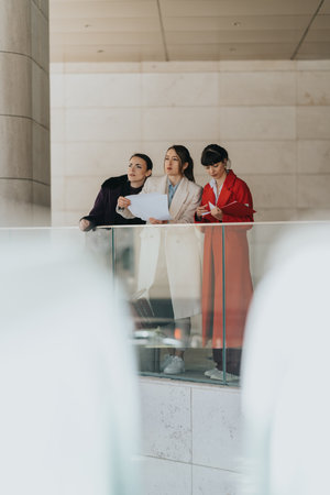 Three professional women discussing documents in a modern office environment