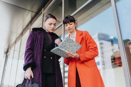 Two businesswomen collaborating outdoors while reviewing documents near a modern building.の写真素材