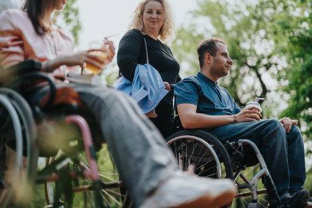 Group of individuals, two in wheelchairs, enjoying outdoor time together