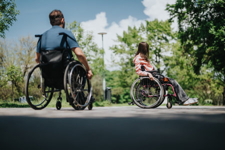 Two individuals in wheelchairs enjoying a sunny day in the park surrounded by lush green trees.の写真素材